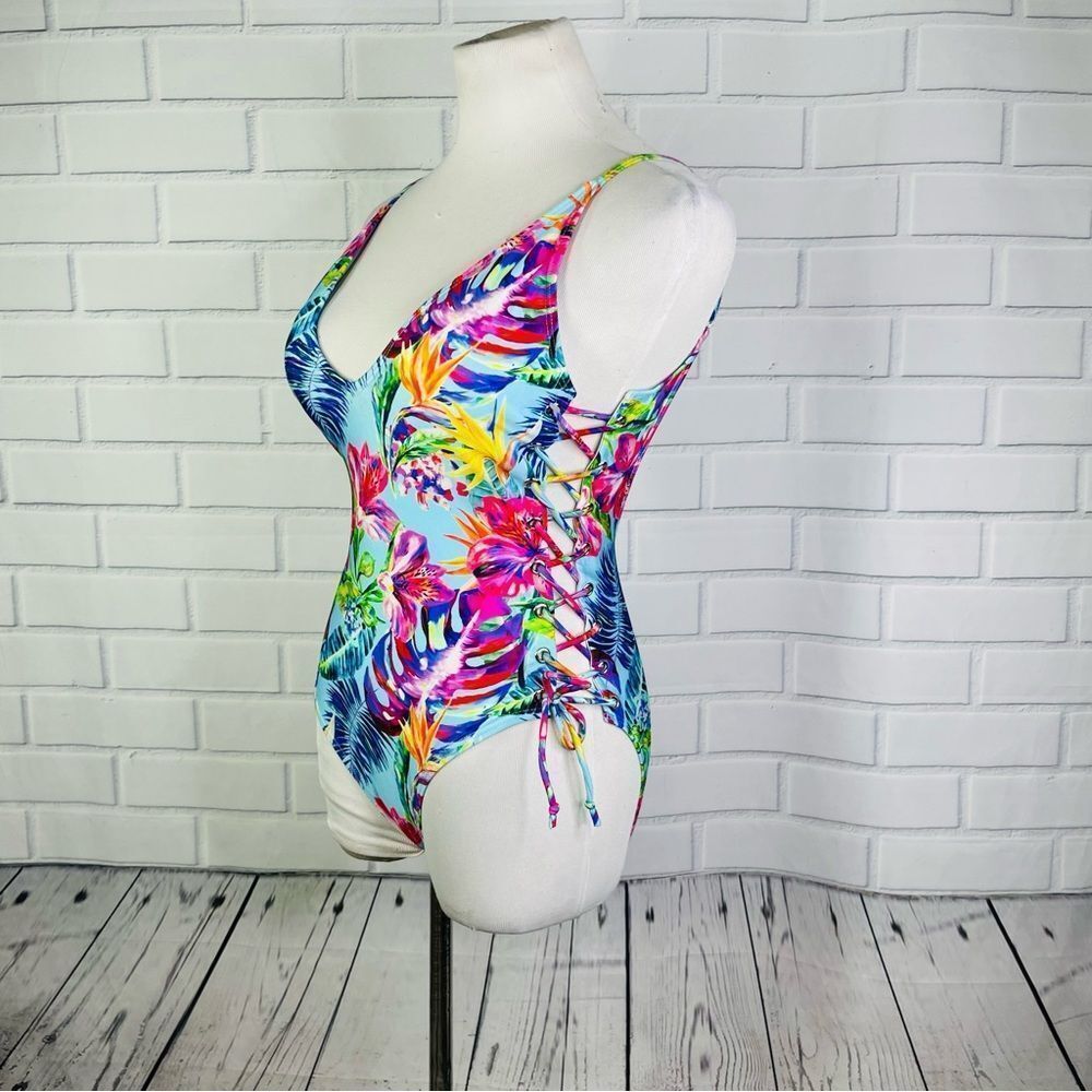 NWT Stylish Swimwear Blue & Pink Tropical Floral One Piece Swimsuit - Size Small